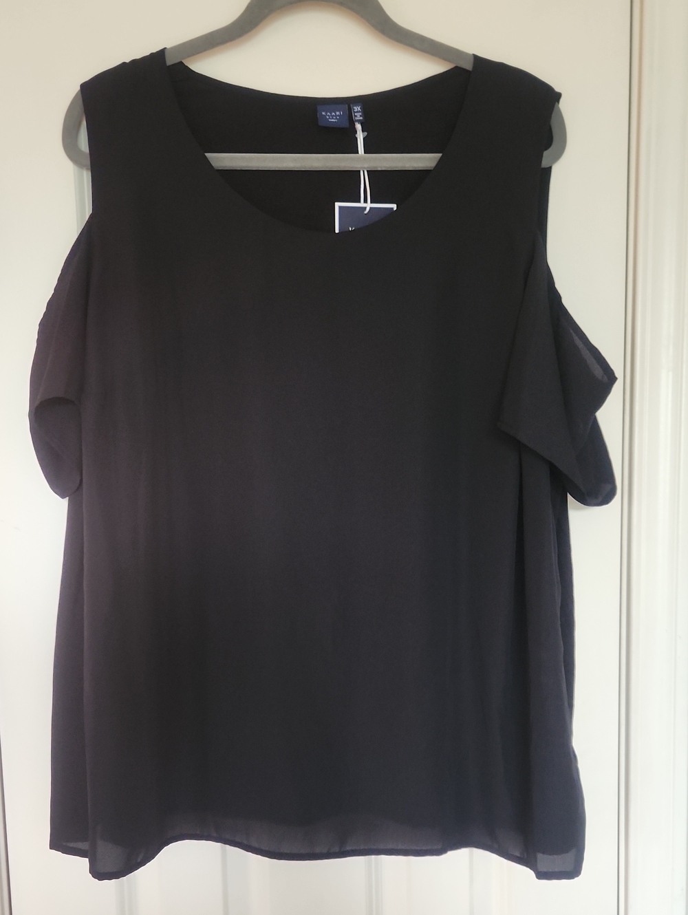 Kaari Blue Black Cold-Shoulder Scoop Neck Blouse